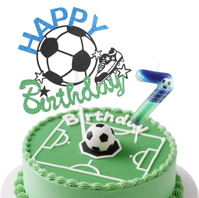 Football 7th Birthday Candles Cake Toppers Set,Blue Green Number 7 Candle,Boys 7th Birthday Decorations,Soccer Candles Toppers Football Cake Decorations for Soccer Themed Party Supplies