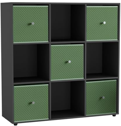 URBNLIVING 9 Cube Storage Unit with 5 Foldable Fabric Drawers, Wooden Freestanding Bookcase Shelf Organiser, Modern Cube Shelving for Bedroom, Office, Living Room, Toys, Clothes & Books