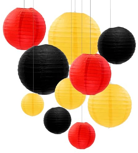 ZYOOO 10 Stück Schwarz Rot Gelb Papierlaterne Lampion rund Lampenschirm(Set 3 Farben à 25cm,20cm,15cm,10cm) Lampions Hochzeit,Weihnachten,Geburtstagsparty,Gartenparty Deko