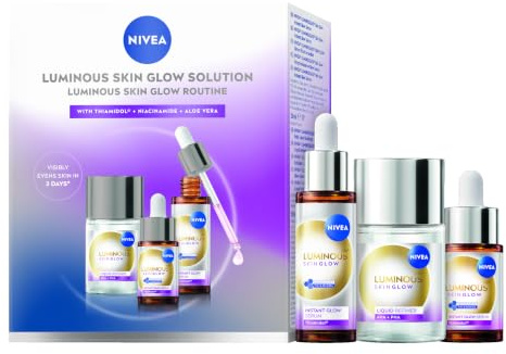 NIVEA Luminous630 Skin Glow Set, Gesichtspflege Set mit Feuchtigkeitsserum (1 × 30 ml & 1 × 15 ml) und Liquid Refiner (100 ml), Gesichtsserum und AHA Peeling für strahlende Haut