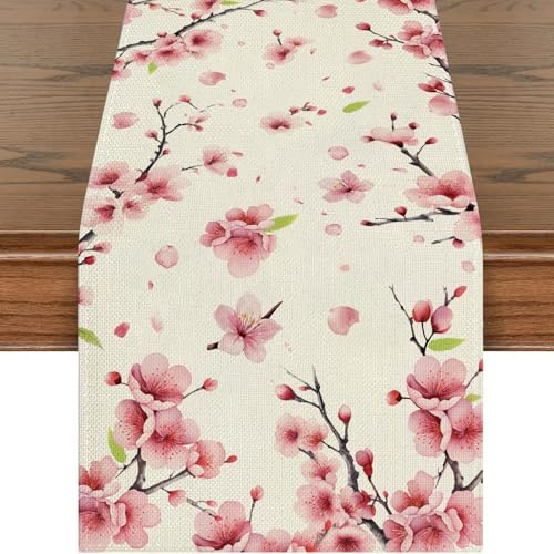 Kirschblüten Tischläufer, Frühlings Blumen Tischdecke, Sommer Küche Wohnzimmer Waschbar Esstisch Deko für Hochzeit Verlobung Muttertag Geburtstag Brautparty Babyparty 40x180 cm, Rosa