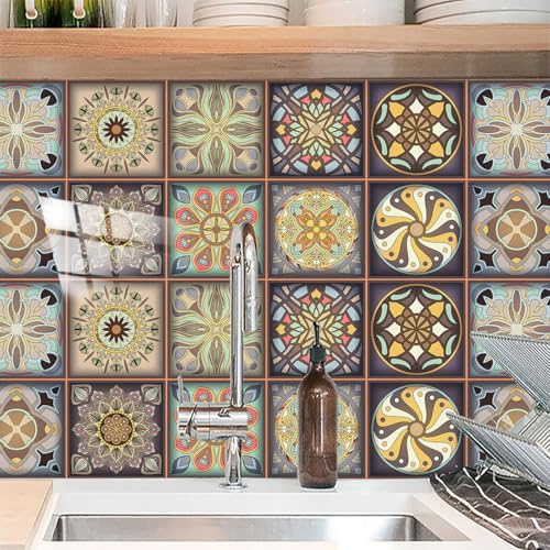 Klebefliesen Braun Gelb Marokko Klebefolie Fliesen Vinyl für Küche Esszimmer Schrank Kamin Deko Küchenrückwand Fliesenaufkleber Bad Wasserfest Selbstklebende Fliesen 20x20cm /10 Stück