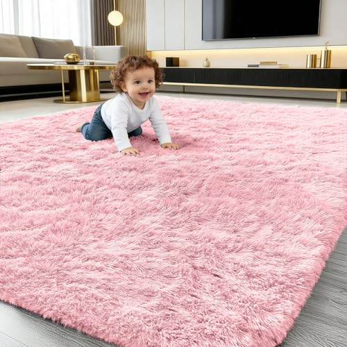 smiry Flauschig Hochflor Teppich Wohnzimmer Waschbar - 120x160 cm, Rosa | Rutschfest Waschbarer Moderner Teppiche Kuscheliger Wohnzimmerteppich fürs Kinderzimmer Schlafzimmer