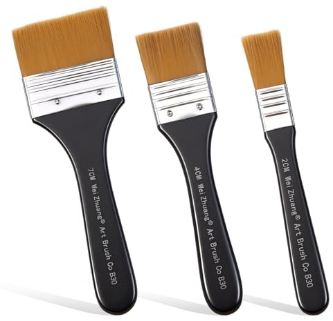 HJZHII Lot de 3 pinceaux plats larges en nylon pour peinture acrylique, peinture à l'huile, aquarelle, vernis, toile, Gesso