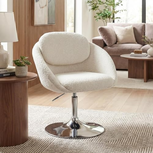 DAYALANE Modern Loungesessel 360°Drehbar Sessel, Höhenverstellbar Schminkstuhl Drehstuhl aus Chenille Polsterstuhl mit Silbernem Sockel für Schlafzimmer Wohnzimmer Schminktisch, Beige