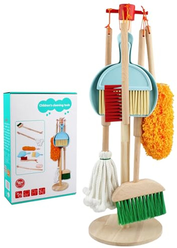 Joygoodta Kids Cleaning Set, Wooden Simulation Cleaning Playset Pretend Play Housekeeping Toddler Set Educational Polished for Kids 3+