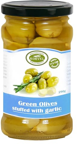 KORVEL Premium Garlic Stuffed Olives – Green Table Olives, 290g (10.2oz) Glass Jar