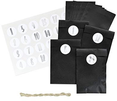 renna deluxe ADVENTSKALENDER zum Befüllen, SILBER metallic, Papiertüten in SCHWARZ, Zahlenaufkleber Handlettering, stilvoll auch für Männer, DIY Set, BOHO Hygge scandi Stil | Made in Deutschland