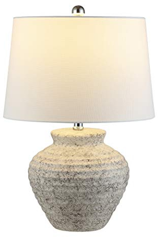 SAFAVIEH Lighting Collection – Ledger Rustic Farmhouse Light Grey Ceramic Table Lamp with White Drum Shade, 23-Inch Bedroom or Living Room Lamp, LED Bulb Included (TBL4352A)