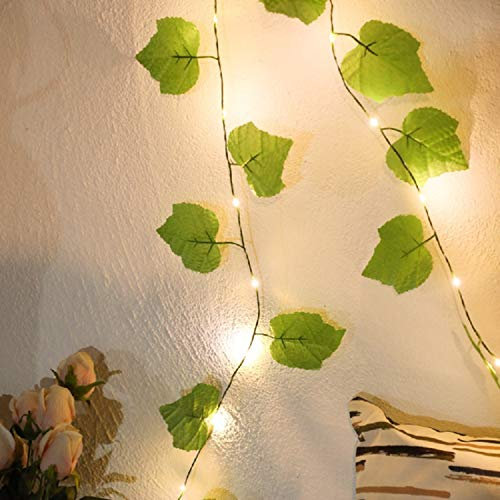 Künstlich Trauben Blätter 20 LED Lichterkette Batteriebetrieben, Künstliche Pflanze Girlande Hängen Reben Urlaub Hochzeit Home Balkon Dekoration Zubehör Wanddekoration (Traubenblätter)
