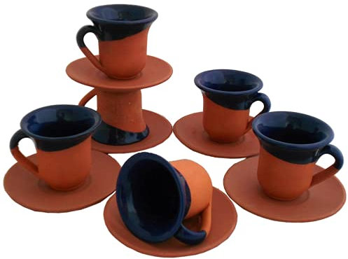 Turkish Coffee Espresso Cup Set Handcrafted Terracotta Pottery Coffee Cups Clay Set of (6 Cup & 6 Saucer) (Dark Blue)