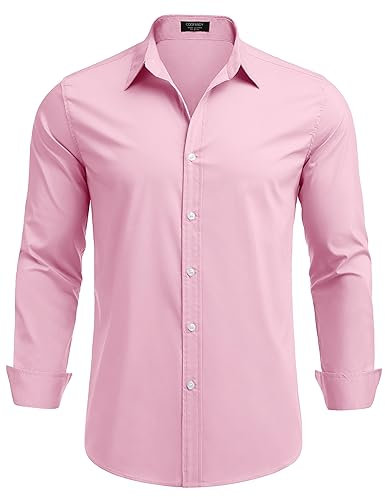 COOFANDY Camicia Elegante da Uomo a Maniche Lunghe Slim Fit Camicie Casual da Lavoro abbottonate Tinta Unita Senza Rughe Rosa Chiaro XXL