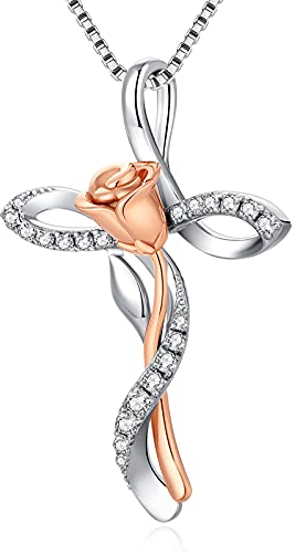 jiamiaoi Kreuz Kette Rose Kette Damen Frauen Rosen Anhänger Rosen Blume Halskette Kreuzanhänger Rosegold