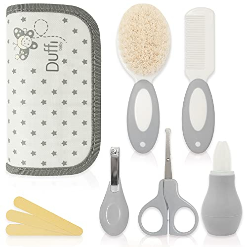 Duffi Baby Pflegeset für Neugeborene, Pflegeset für Babys, 6-teilig, Kulturset mit Reißverschluss, Haarbürste, Nagelfeile, Kamm, Nasensauger, Schere, Nagelknipser, 1260-11 Grau