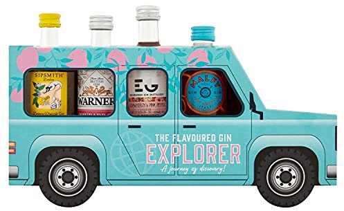Flavoured Gin Explorer Jeep Box - Contains 4x5cl Gins from Sipsmith, Warner's, Malfy, Edinburgh Gin Distillery, Novelty Gift Set by Blue Tree Gifts
