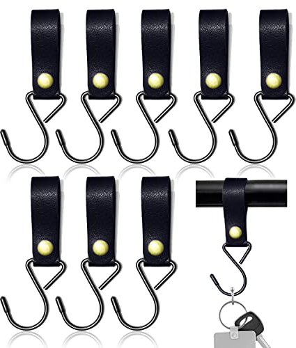 Modixun 8 Stück Leder-S-Haken, Metall-S-förmige Haken zum Aufhängen, Campinghaken, Kinderwagen-Haken, Lederhaken für Mantel, Handtuch, Küche, Badezimmer, Schwarz