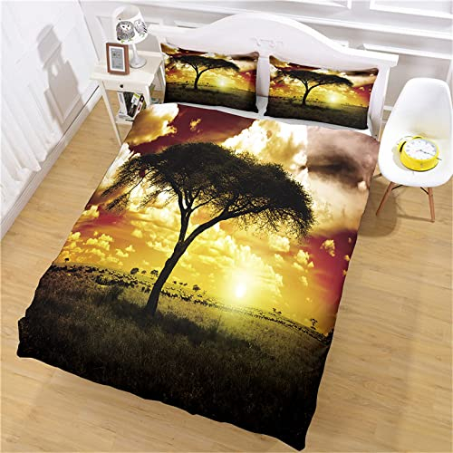 GIMFRY Kinder Bettwäsche Set 135x200 3 Teilig (1 Bettbezug Und 2 Kissenbezüge) 3D Wiese Sonnenuntergang Landschaft Druck Muster Biber Bettwäsche Kinder Weiche Microfaser Mit Reißverschluss