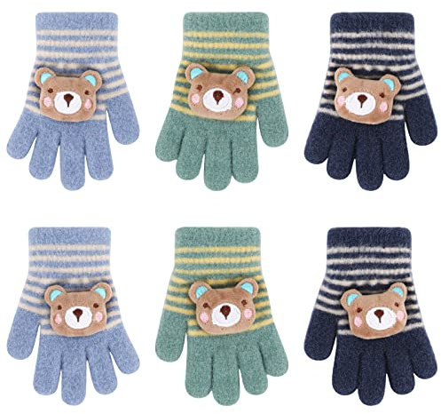QKURT 3 Paar Magische Handschuhe für Jungen und Mädchen, Kinder gestrickte Handschuhe Kleinkinder Winter Alltag Handschuhe Stretchy weichen vollen Finger Handschuhe Geeignet für Alter 3-8