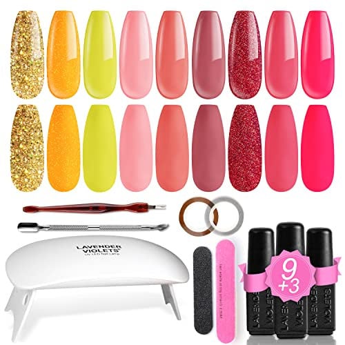 Lavender Violets 19 Pcs Gel Nail Polish Kit with UV Lamp Set Pink Rose Red Yellow Golden Colours LED Nail Light Dryer Soak Off UV Base Coat,Matte n No Wipe Top Coat Manicure Tools Kit R621