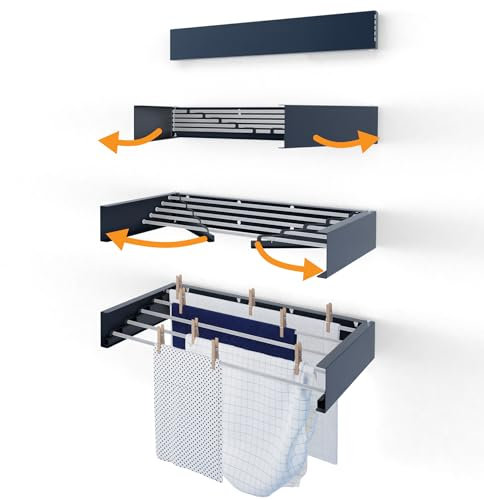 Hot Flow Glide Foldable Wall Mounted Clothes Rack, Retractable Clothes Drying Rack. Sleek Design With 5 x 70cm Rods For 3.5m Of Hanging Line. Perfect For Saving Space. 20kg Capacity, 70cm, Anthracite