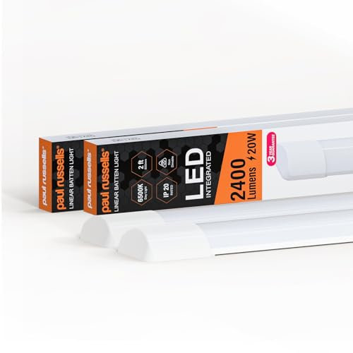 paul russells 2ft LED Batten, Ceiling Fitting Tube Light, 6500K Daylight, 20W, 2400 Lumens, Light for Office, Bathroom, Kitchen, Garage, Warehouse Fluorescent Lighting Replacement, 2 Packs