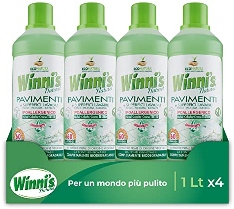 Winni's - Detersivo Pavimenti e Superfici Ipoallergenico, 160 Lavaggi, Formula Concentrata ad Azione Igienizzante, Senza Risciacquo, con Materie Prime di Origine Vegetale, 1000 ml x 4 Confezioni