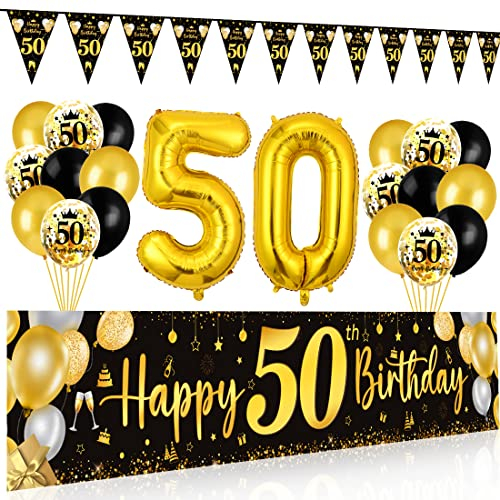 50. Geburtstag Deko für Mann und Frau - Happy Birthday Banner, Luftballons, Wimpel Girlande, Hintergrund Ballons Schwarz Gold für Männer Frauen Party