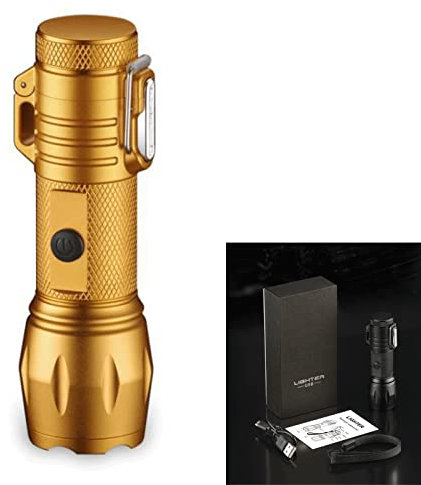 Plasma Arc Lighter,Windproof Electric Lighter and LED Flashlight - 2 in 1,5-in-1 Electric Lighter Kits with Lanyard, Camping, Hiking,Gold