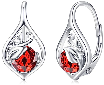 Januar Geburtsstein Ohrringe 925 Sterling Silber Ranke Leverback Ohrringe für Frauen Geburtsstein Creolen Schmuck für Frauen (Granat)