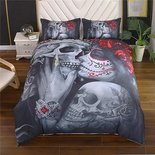 OaKita Gothique Squelette Housse de Couette Parure de lit 3D Imprimé Gothique Tête de Mort Motif Rose Housse De Couette Microfibre avec 2 taies d'oreillers (A03,200 x 200 cm)