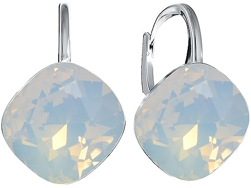 Rhombus Raute Damen Hängen Ohrringe Silber 925 mit Marken Kristalle Zirkonia - Schmuck Echt Silberne Hängende Ohrhanger für Frauen und Mädchen - Hängeohrringe Ideal Geschenk (White opal)