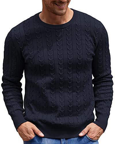 NITAGUT Men's Jumpers Sweater Crewneck Cable-Knit Pullover Sweater Navy Blue,Large