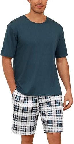 Uniexcosm Pyjama Homme Court Coton Ensemble Short Col Rond Manches Courtes Haut et Bas Été Avec Poches Latérales A-Vert XL