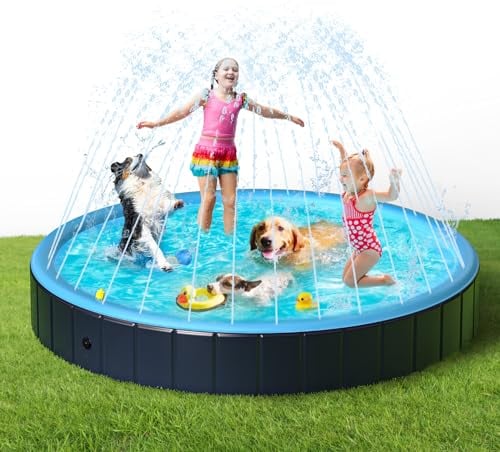 Dog Pool Large, Rywell Foldable Dog Paddling Pool 160x30 cm with Sprinkler and Quick Drainage Hole, Thickened Easy to Use and Store Dog Bath Tub for Dogs in Summer Garden Patio Outdoor