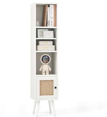 CASART Narrow Bookshelf, Wooden Freestanding Bookcase with 12-Position Adjustable Shelves, Rattan Door & Solid Wood Legs, 137cm Home Office Display Cabinets for Living Room Study Bedroom (White)