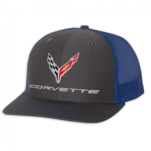 SR1 Performance C8 Corvette Snapback Mütze – Chevy strukturierte Netzrückenkappe, Holzkohle / Royal, Einheitsgr��e