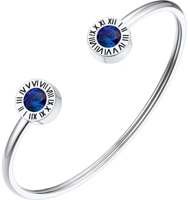 FindChic Blauer Stein Armreif Damen Edlestahl Römische Ziffer Armbänder Geburtsstein Saphir Armkette Offen Armschmuck für Muttertag Valentinstag Geburtstag Weihnachten