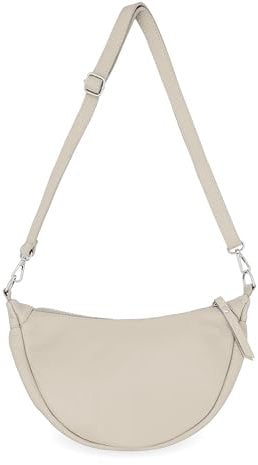 Große Damen Umhängetasche, Halbmond Tasche aus 100% Echtleder, Elegante Bauchtasche mit gemusterten & verstellbaren Schultergurt, Stylische Moon-Schultertasche für jeden Anlass Beige 1