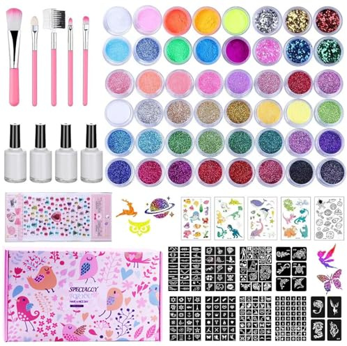 Glitzer Tattoos Set für Kinder – 48 Farben Glitzertattoos, 209 Tattoo Schablonen, 4 Kleber, 5 Pinsel, Glitter Body & Nail Art Kit, Geschenke für Kinder und Mädchen für Weihnachten Party Geburtstag