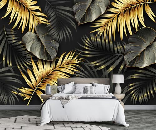 MIWEI Wallpaper Papier Peint Panoramique Feuilles D'Or Noir Papier Peint Nature Intissé Murale Chambre Salon -F022-380cmX260cm