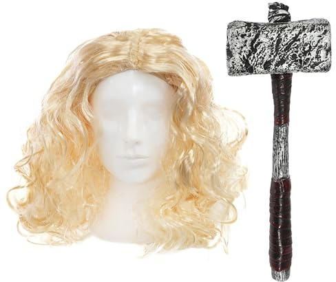 God of Thunder Zubehör Set - Lange blonde Perücke & Bart und Kunststoff Hammer Prop - Erwachsene Superhelden Kostüm Zubehör Set