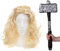 God of Thunder Zubehör Set - Lange blonde Perücke & Bart und Kunststoff Hammer Prop - Erwachsene Superhelden Kostüm Zubehör Set