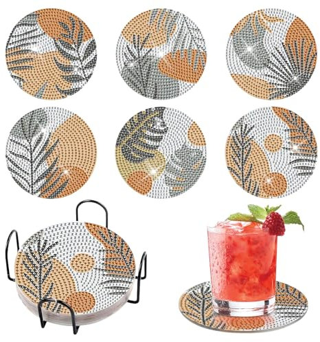 Trendecor Diamond Painting DIY Grüne Blätter Untersetzer 6 Stück mit Halter - Dekorative Acryl Set mit Kit für Erwachsene Anfänger Kinder