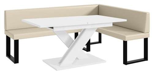 MEBLINI Eckbank für Esszimmer mit ausziehbarem Tisch - Küchenbank - Essecke - Sitzecke Küche - Toni - U-Beine 142x196x87cm Rechts - Creme Kunstleder/B Weiß Matt