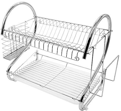 HUOLE Escurreplatos con Dispensador de Jabón y Estropajo Incluido, Escurridor de Platos de Acero Inoxidable de 2 Niveles con Soporte para Platos