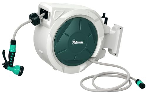 Outsunny Retractable Hose Reel Wall Mounted, 20+2m Garden Hose Pipe Reel with Lock, Auto Rewind, 7 in 1 Spray Nozzle, Includes Wall Fixings, 180° Swivel, Outdoor Watering, Light Grey