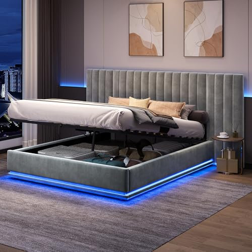 Upholstered Ottoman Bed, Hydraulic Storage Bed with LED Lighting, 5ft King Size Bed Frame with Channel Tufted Wide Headboard, Velvet Gas Lift Ottoman Bed With Storage & Wooden Slats, Grey,No Mattress