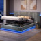 Upholstered Ottoman Bed, Hydraulic Storage Bed with LED Lighting, 5ft King Size Bed Frame with Channel Tufted Wide Headboard, Velvet Gas Lift Ottoman Bed With Storage & Wooden Slats, Grey,No Mattress