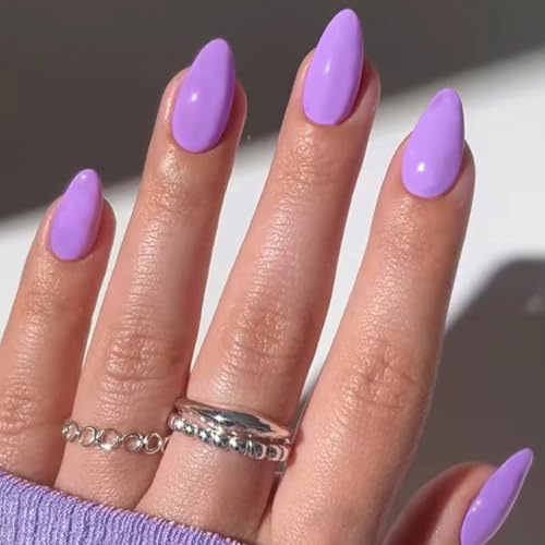 24 Piezas Morado Claro Uñas Postizas Francesas, 12 Tamaños Color Sólido Press On Nails, Almendra Uñas Falsas Artificiales, Cobertura Completa Uñas Artificiales Reutilizables para Mujeres y Niñas