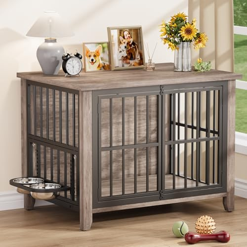 Dog Crate Furniture, Wooden Dog Kennel Indoor with 360°Rotating & Adjustable Height Feeder 2 Bowls, Heavy Duty Side for Small Medium Dogs, 80x56x64cm, Grey